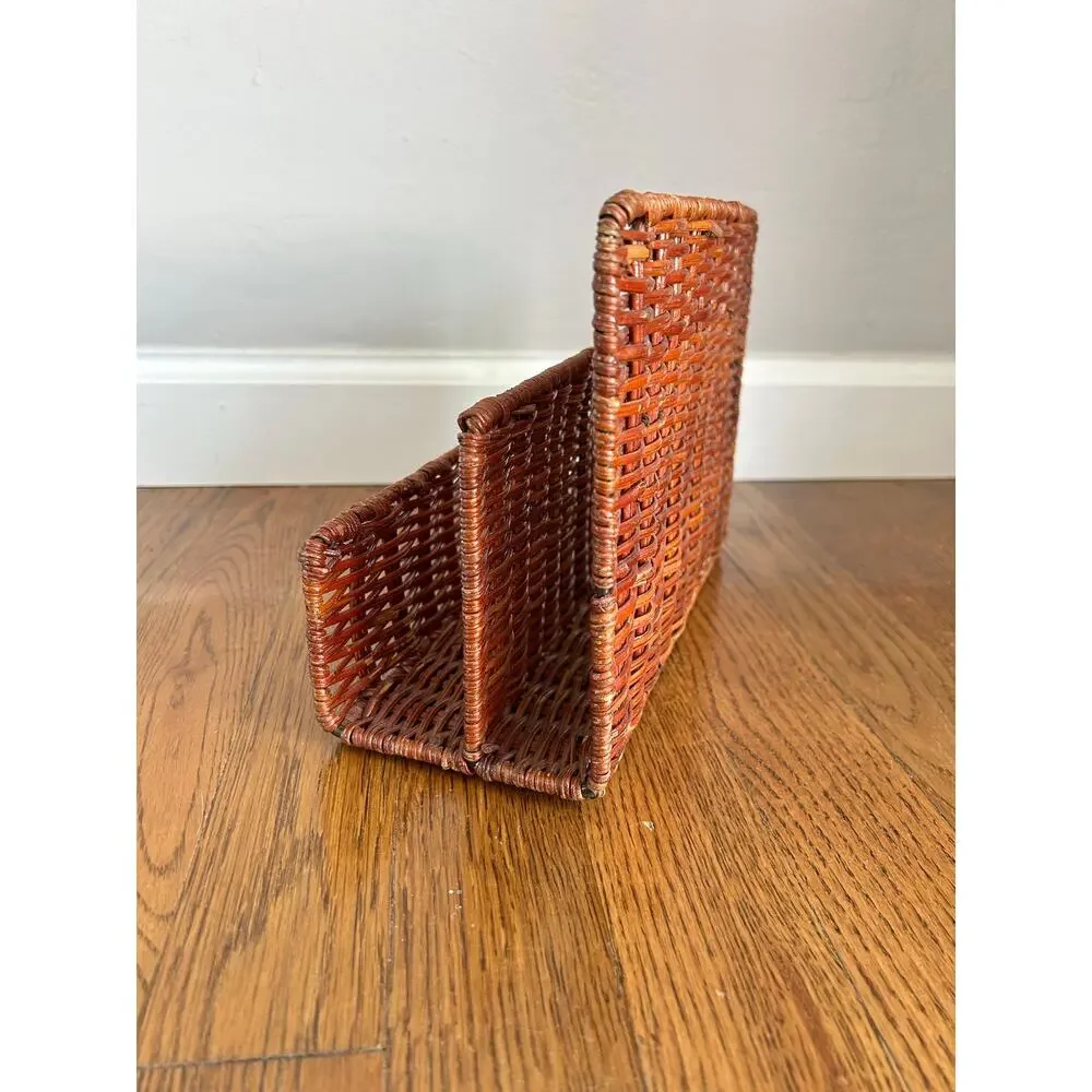 Vintage Woven Wicker Letter Rack | 3-Slot Rattan Mail & Magazine Organizer